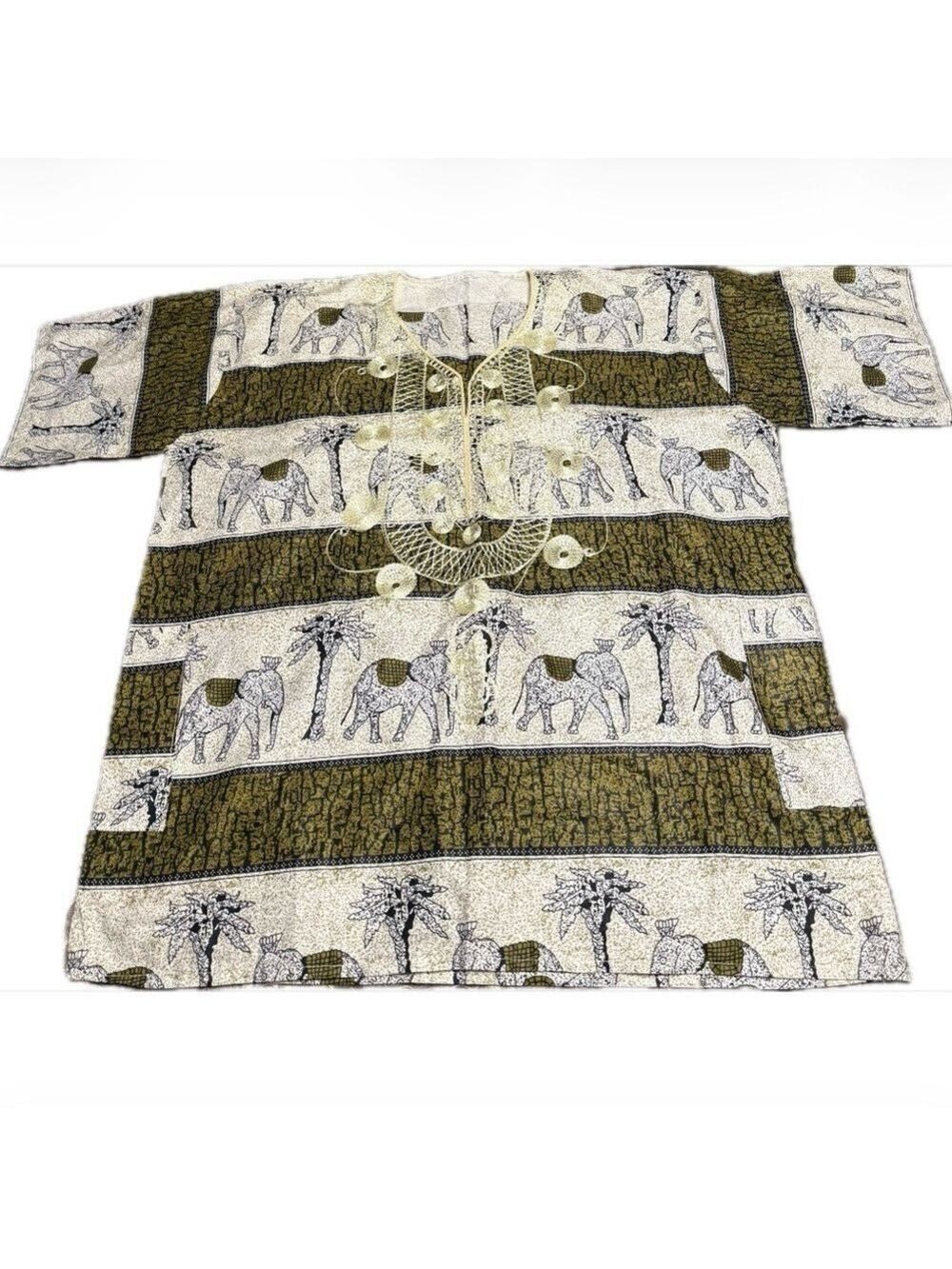 Handmade African Print Tunic with Elephant and Palm Tree Design Embroidered